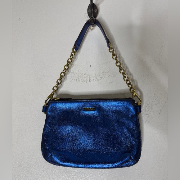 Fossil Womens Memoir Blue Metallic Organizer Double Compartment Shoulder‎ Bag - Picture 1 of 11